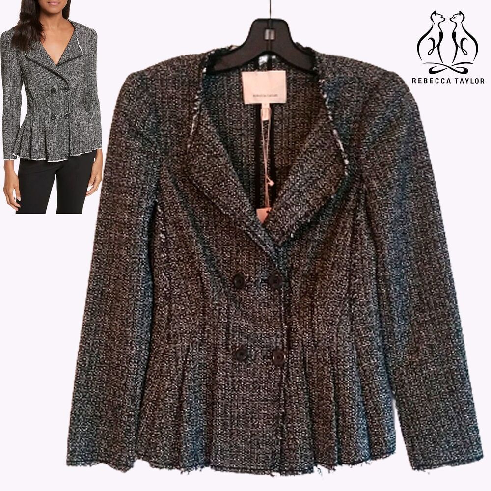 REBECCA TAYLOR NEW Dark Academia Textured Tweed Double Breast Fitted Blazer 0